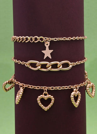 Gold Toned Brass Star And Heart Charm Bracelet Set Of 3