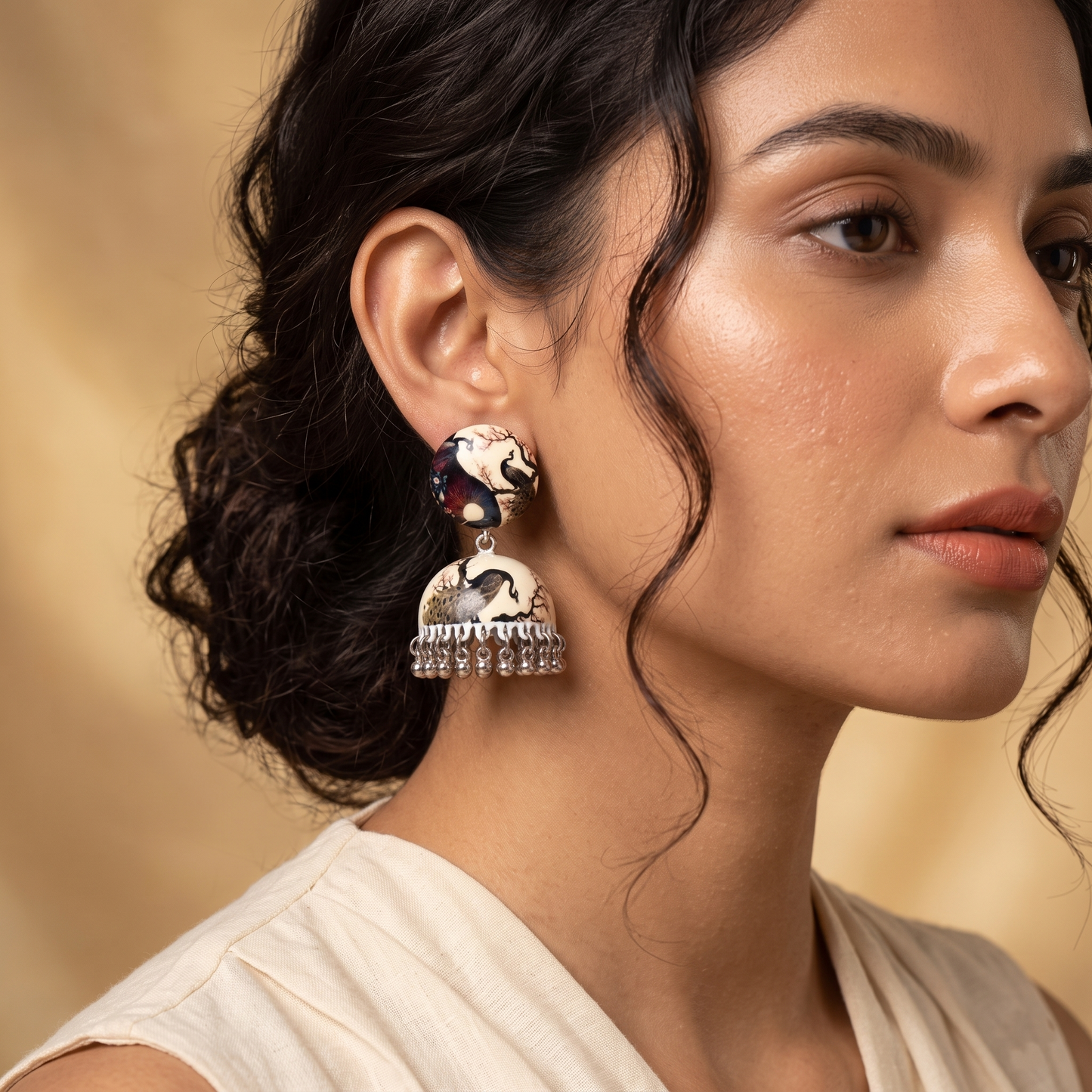 Silver Toned Brass Peacock Print Jhumka Earrings