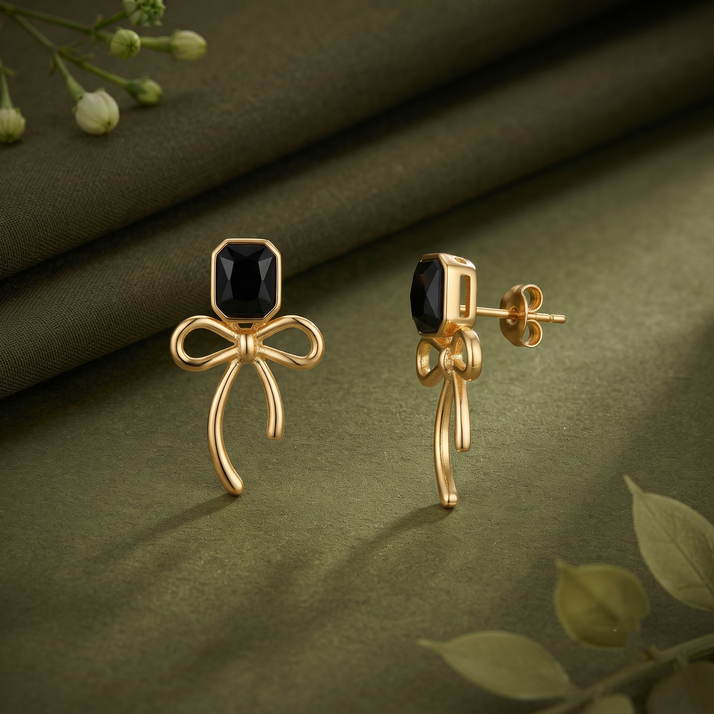 Gold Plated Brass Black Gem Bow Drop Earrings