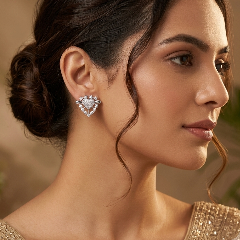 Silver-Tone Winged Heart Stone Stud Earrings