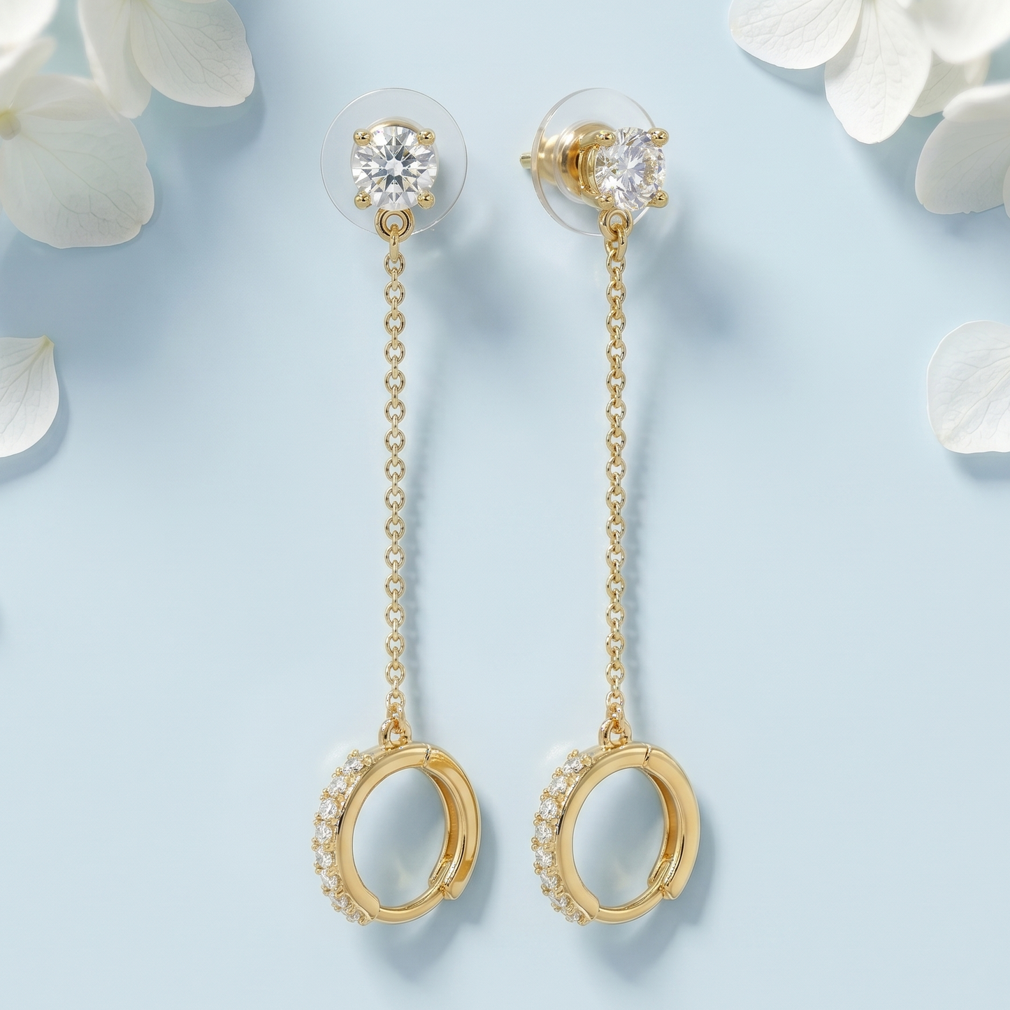 Gold-Tone Solitaire Stud and Ring Long Drop Earrings