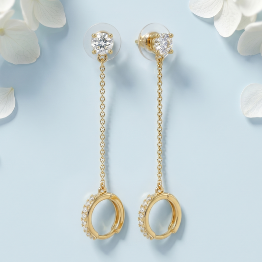 Gold-Tone Solitaire Stud and Ring Long Drop Earrings