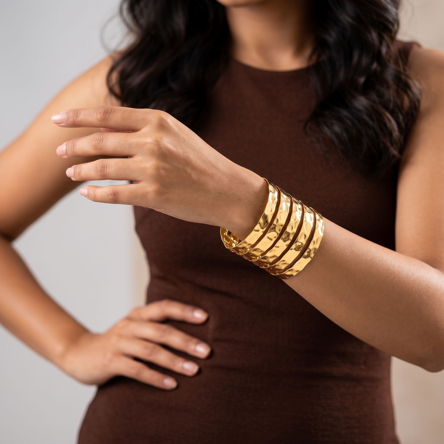 Gold Toned Brass Layered Wave Cuff Bangle
