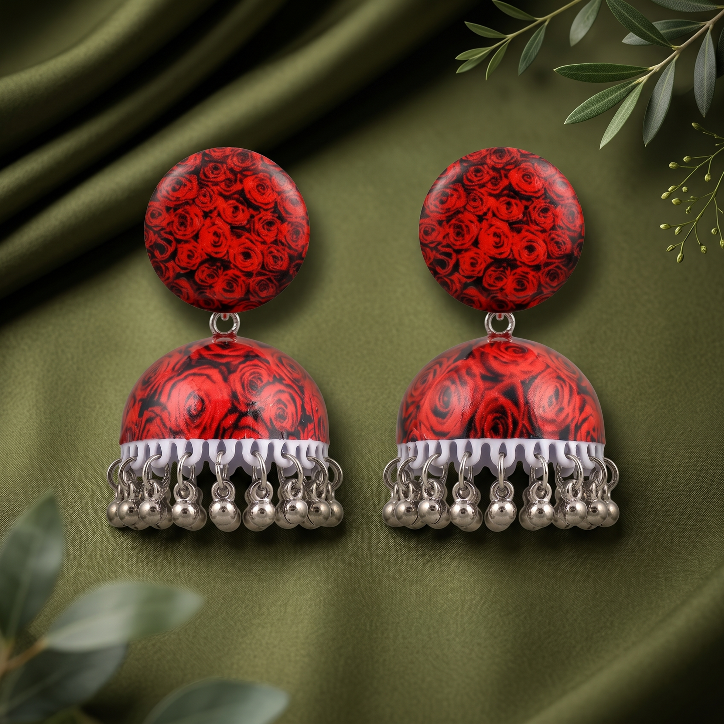 Silver Toned Brass Rose Print Jhumka Earrings