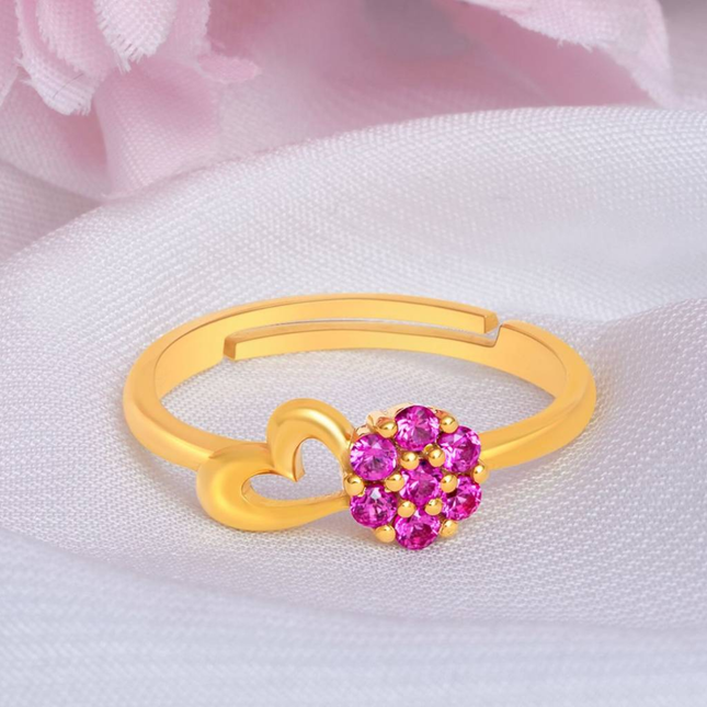 Pink CZ Floral Heart Open Ring in Gold Finish