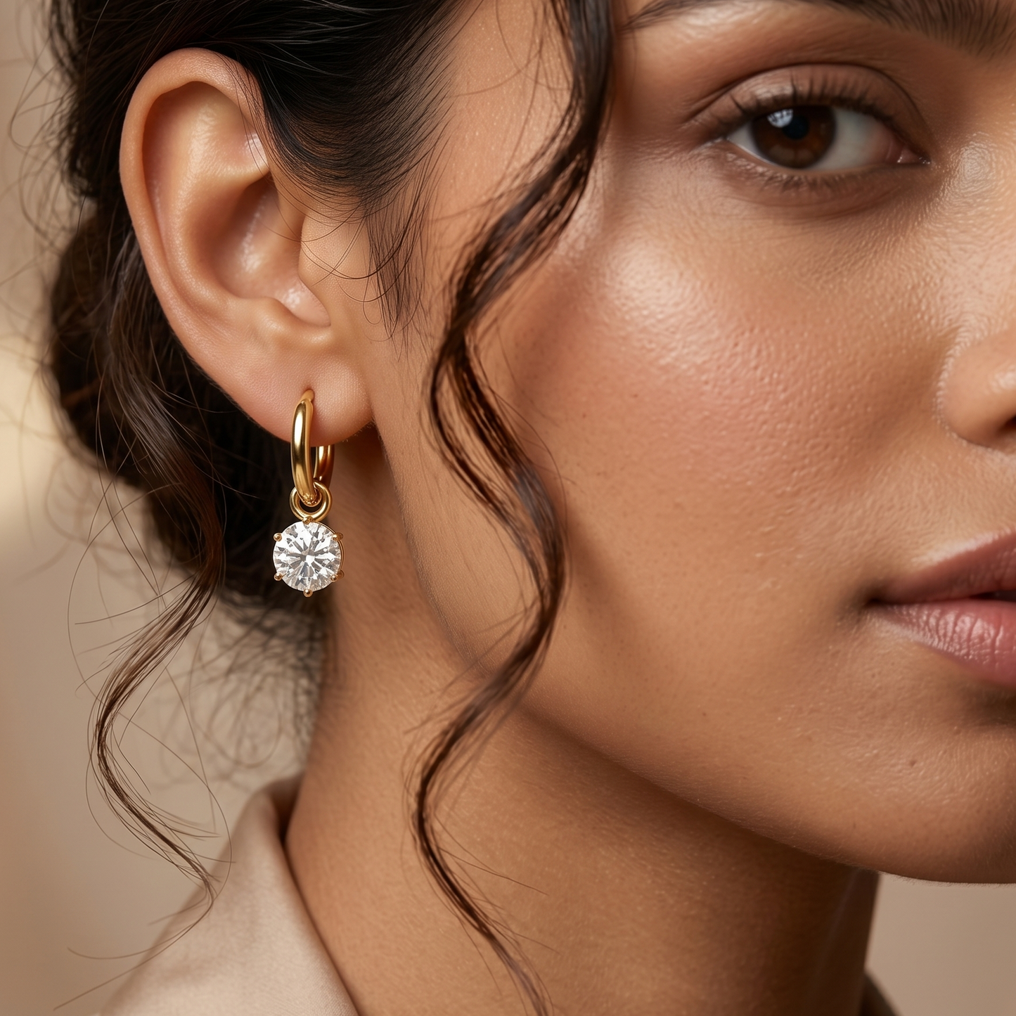 Gold-Tone Solitaire Drop Hoop Earrings