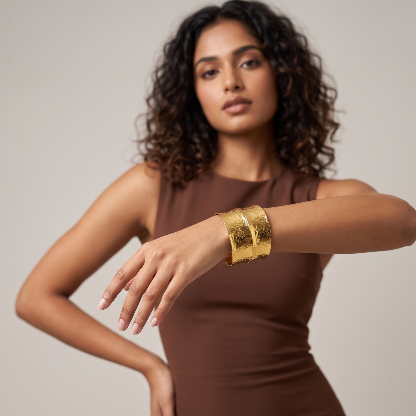 Gold Toned Brass Wide Hammered Cuff Bangle