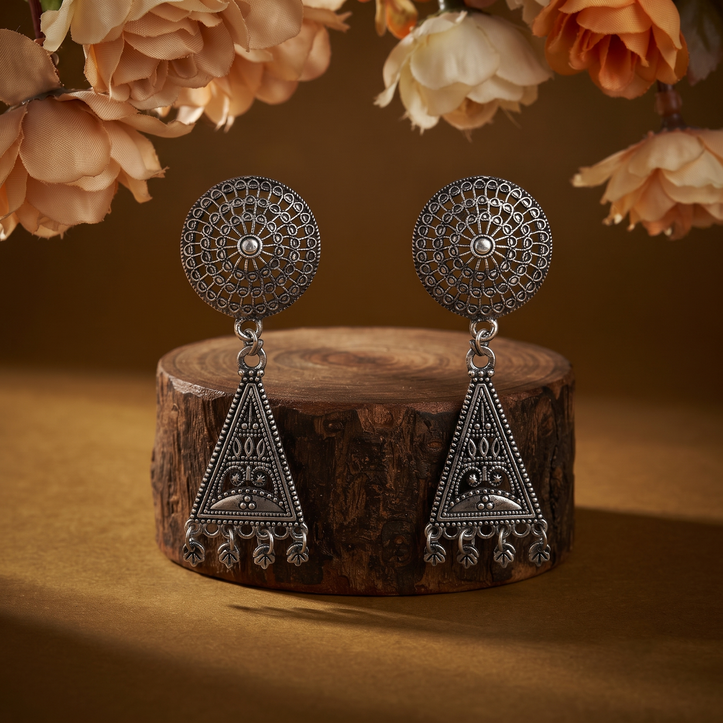 Triangular Filigree Oxidized Earrings
