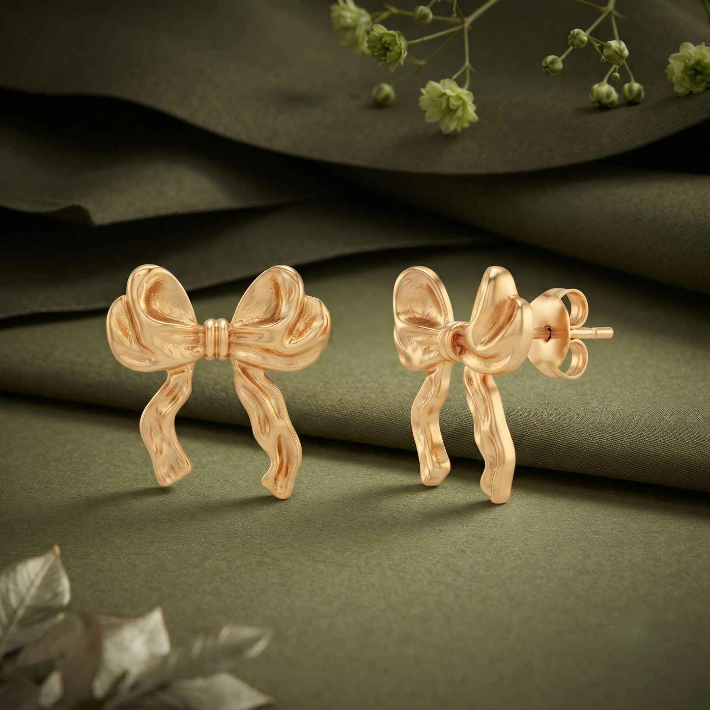 Gold Plated Brass Ribbon Bow Stud Earrings