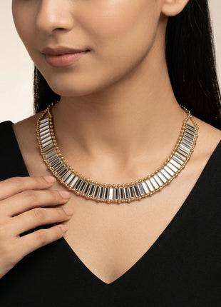 Gold-Plated Brass Stone-Studded Baguette Link Choker Necklace
