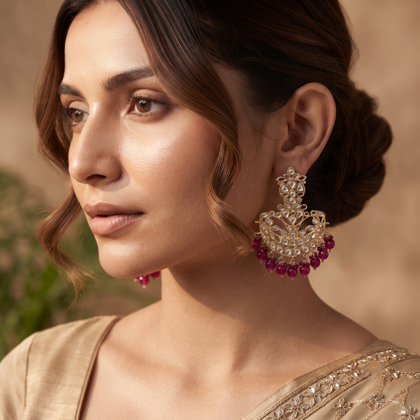 Dark Pink Chandbali Jhumka Earrings