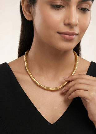 Gold-Plated Brass Handcrafted Textured Tubular Link Statement Necklace