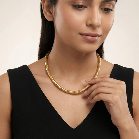 Gold-Plated Brass Handcrafted Textured Tubular Link Statement Necklace