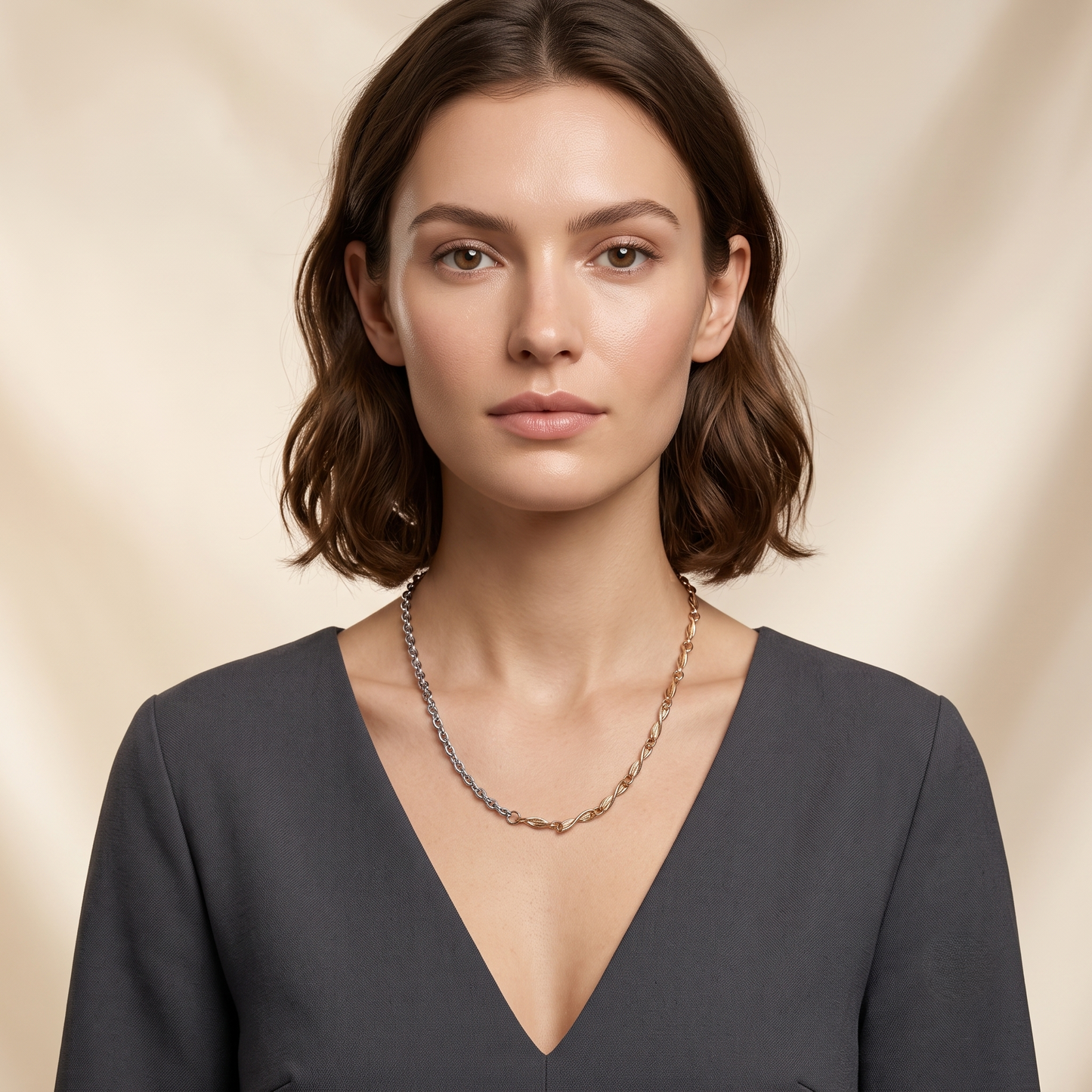 Dual Tone Brass Dual Chain Link Necklace