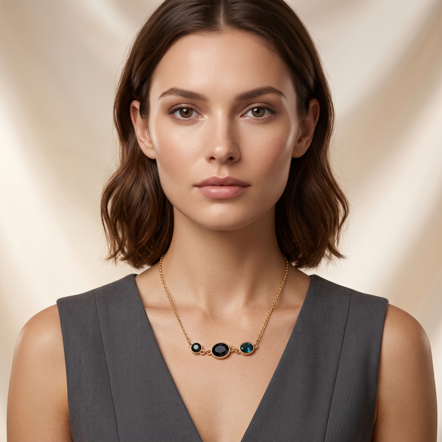 Gold Plated Brass Multi Stone Pendant Necklace