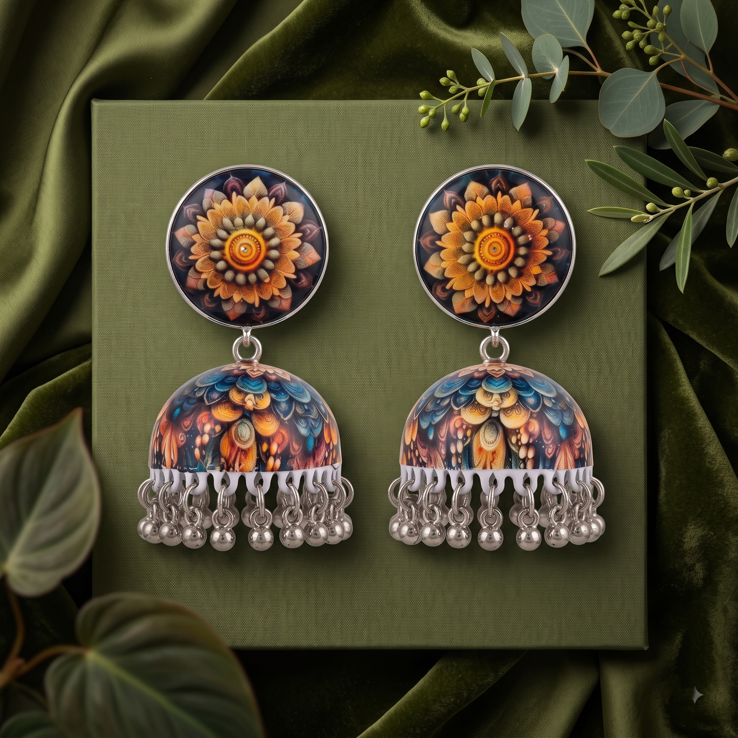 Silver Toned Brass Floral Mandala Print Jhumka Earrings