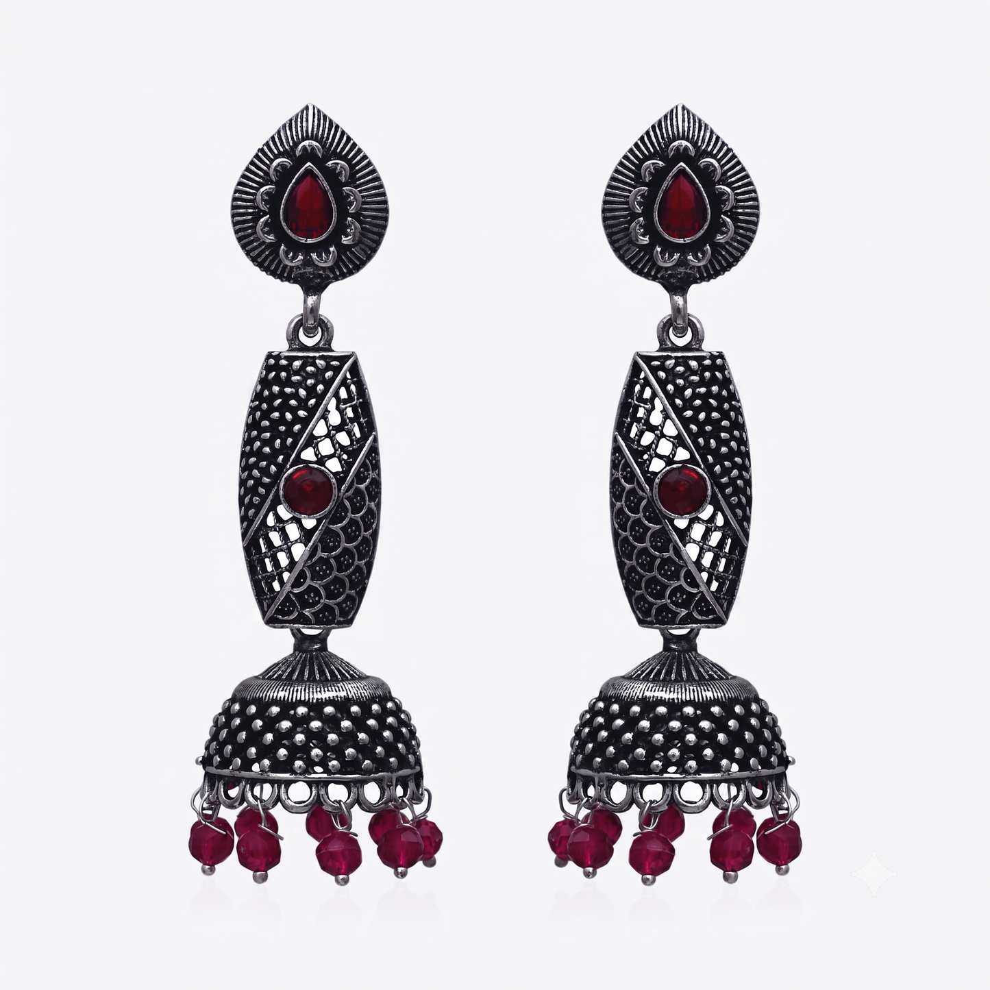 Long Maroon Stone Jhumka Earrings