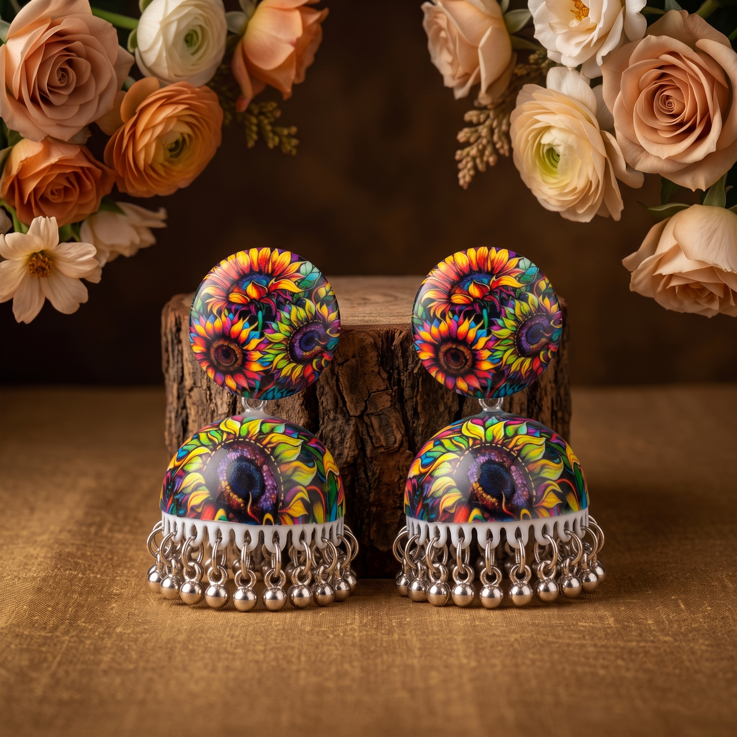 Silver Toned Brass Multicolor Sunflower Print Jhumka Earrings