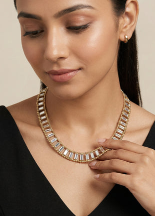 Gold-Plated Brass Stone-Studded Baguette Link Statement Necklace