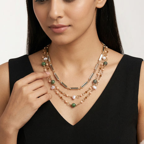 Gold-Plated Brass Handcrafted Triple-Layered Stone & Pearl Necklace