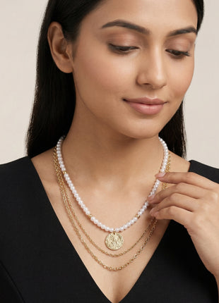 Gold-Plated Brass Triple-Layered Pearl And Textured Coin Necklace