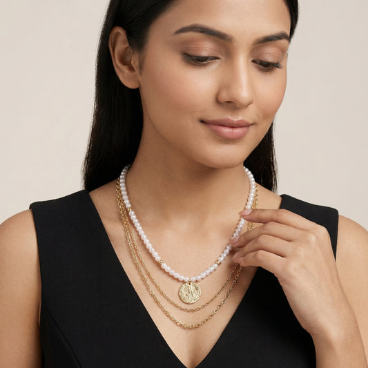 Triple Layered Pearl And Textured Coin Necklace