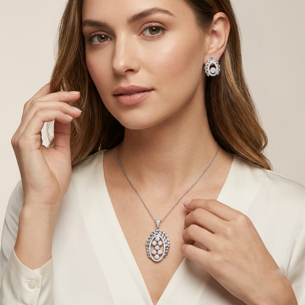 Elegant Leaf-Motif Floral Stone Pendant Set