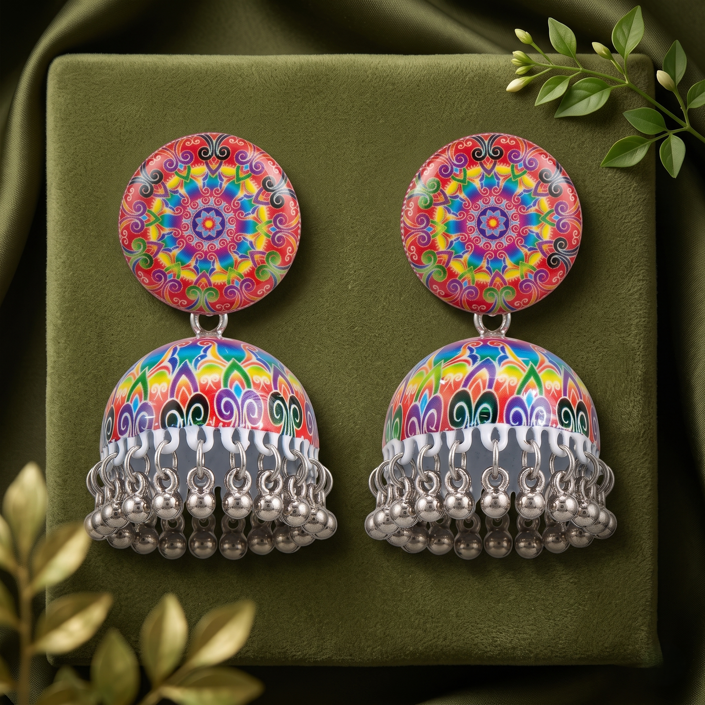 Silver Toned Brass Rainbow Mandala Print Jhumka Earrings