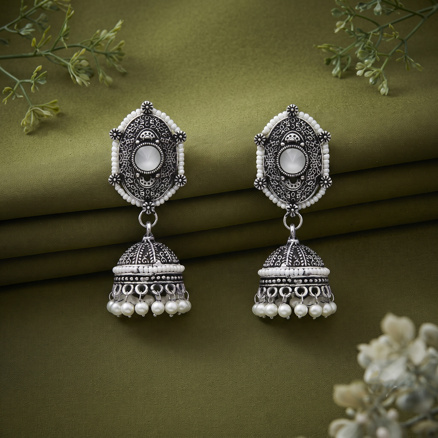 White Stone Pearl Jhumka Earrings