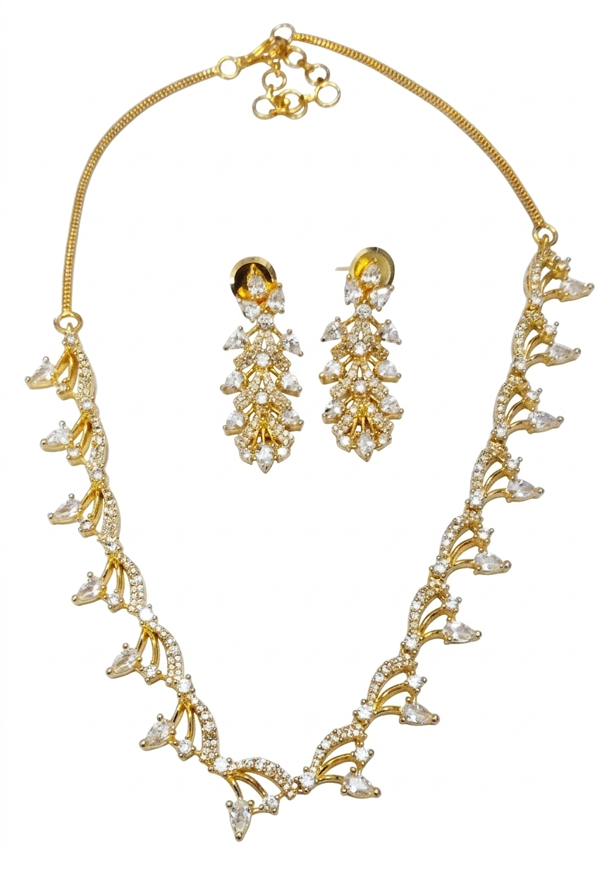 Gold-Tone Leaf Pattern Stone Necklace Set