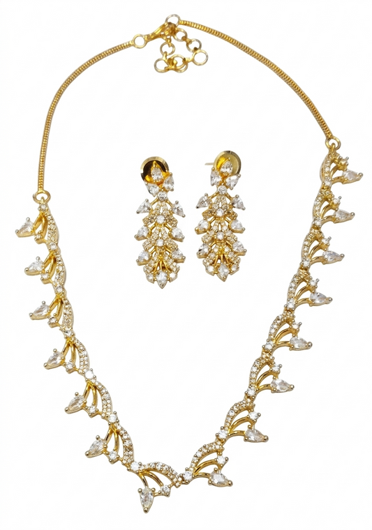 Gold-Tone Leaf Pattern Stone Necklace Set