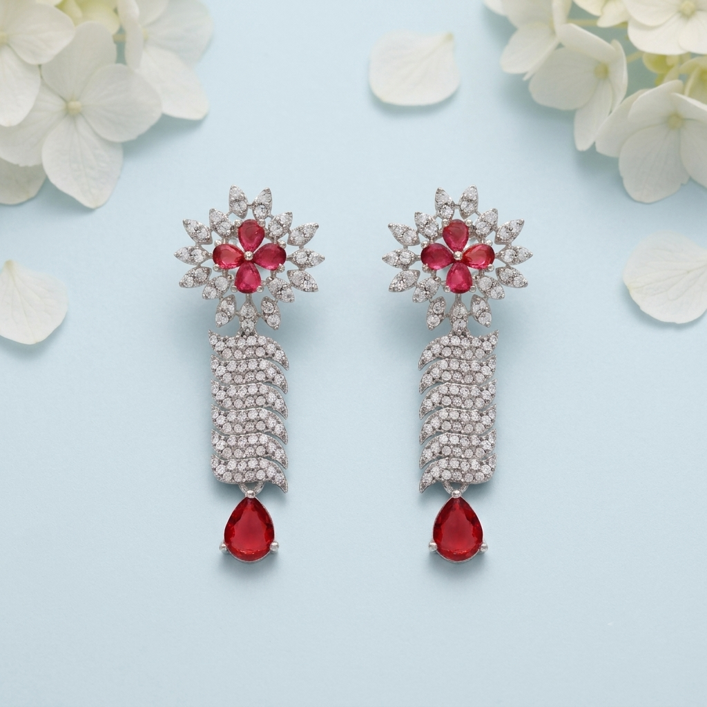 Elegant Silver-Tone Ruby Floral Necklace and Earring Set
