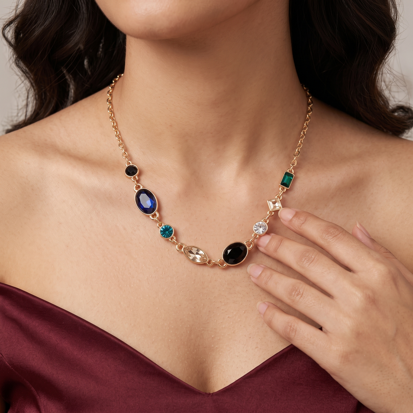 Gold Plated Brass Colorful Gem Pendant Necklace