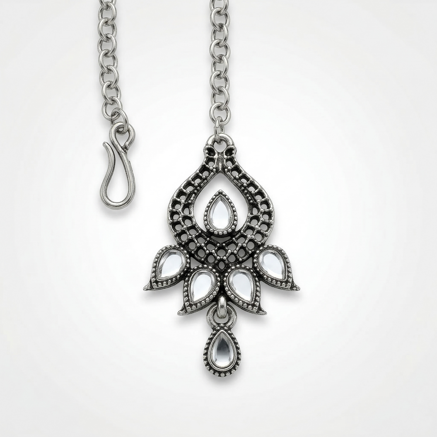 Oxidized Alloy Metal Statement Necklace Set with Matching Earrings With Maang Tikha