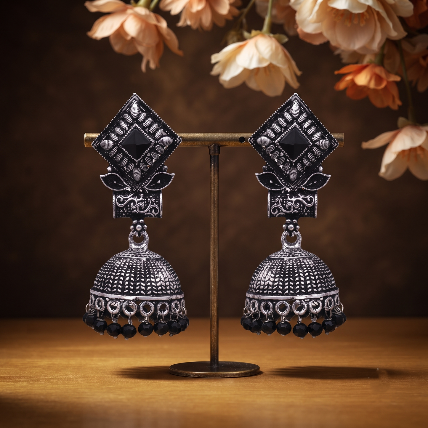 Black Stone Accent Jhumka Earrings