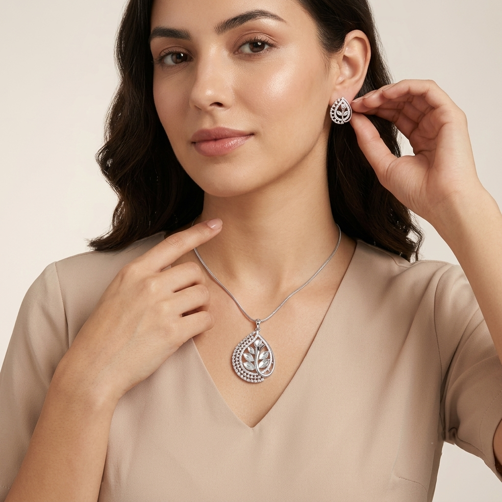 Elegant Botanical Teardrop Stone Pendant Set