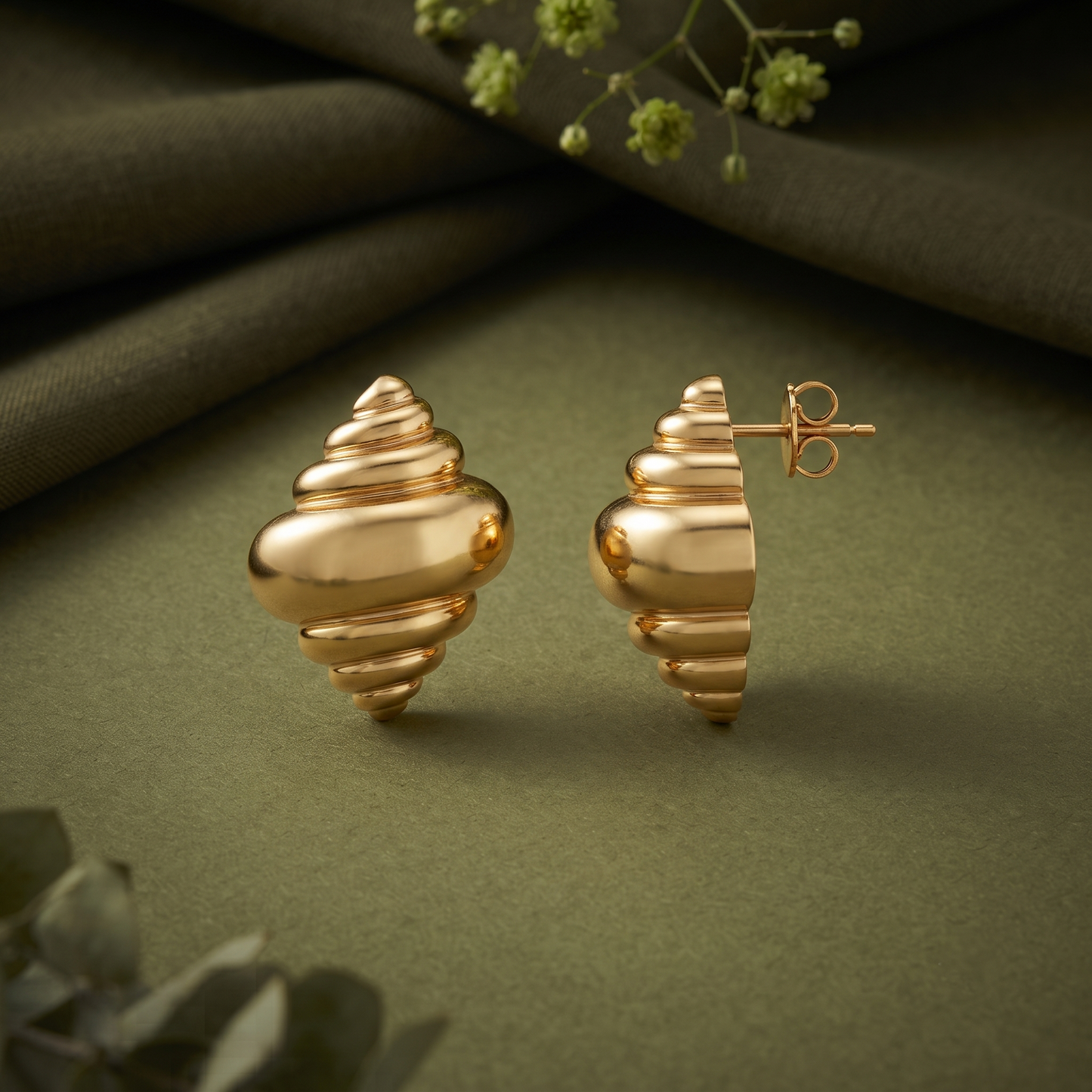 Gold Plated Brass Seashell Spiral Stud Earrings