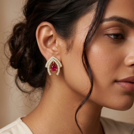 Gold-Tone Pear Ruby Stone Stud Earrings