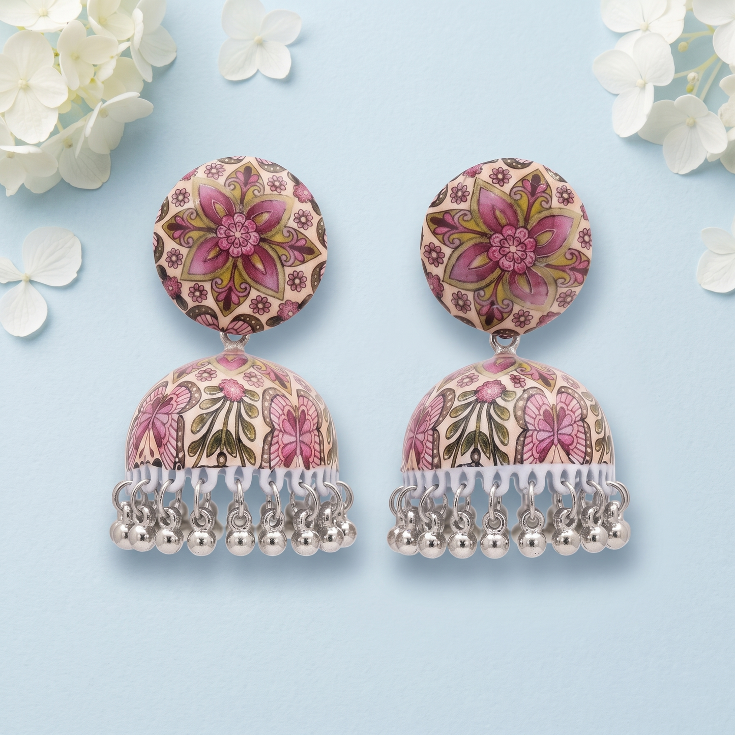 Silver Toned Brass Pink Floral Mandala Print Jhumka Earrings