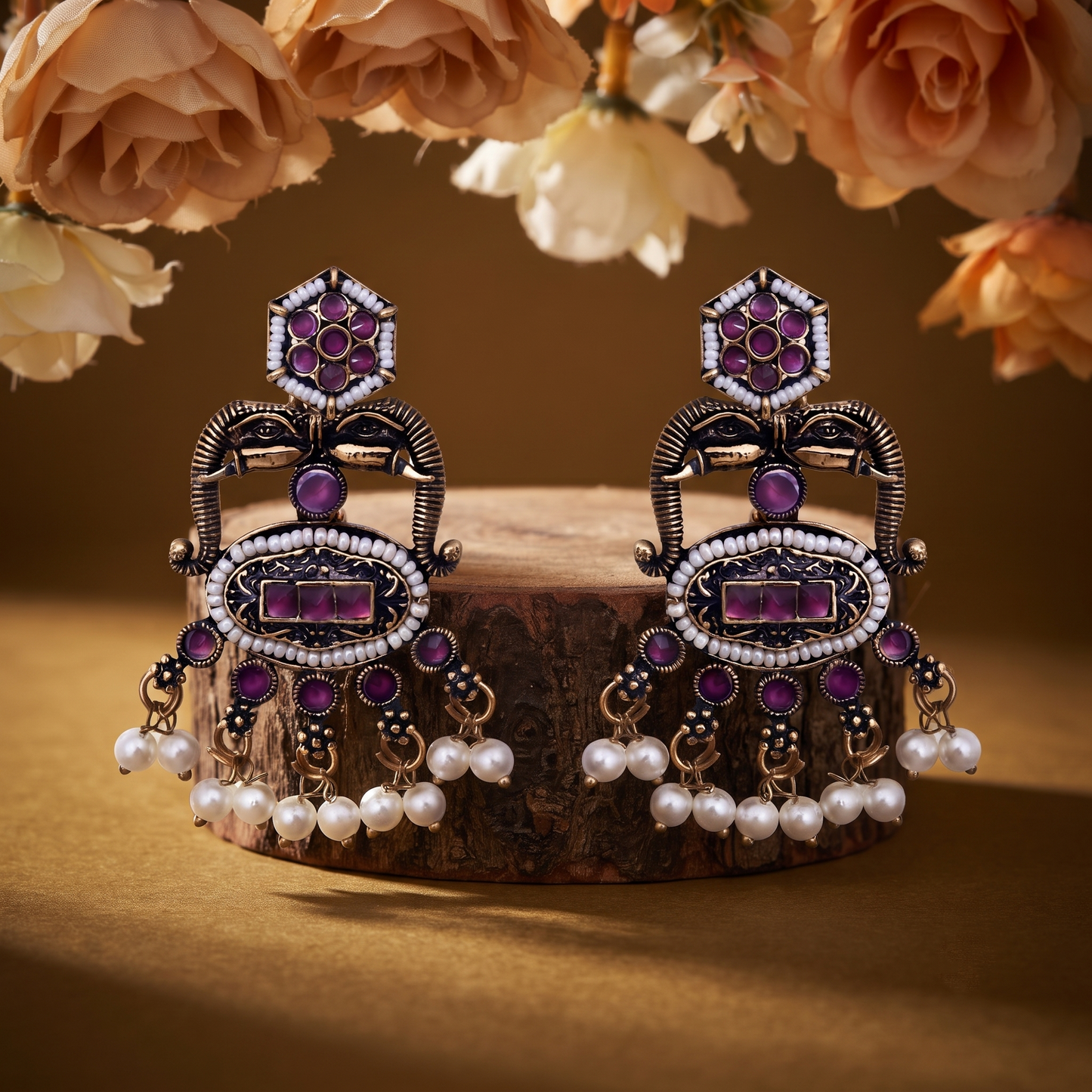 Maroon White Stone Ethnic Earrings