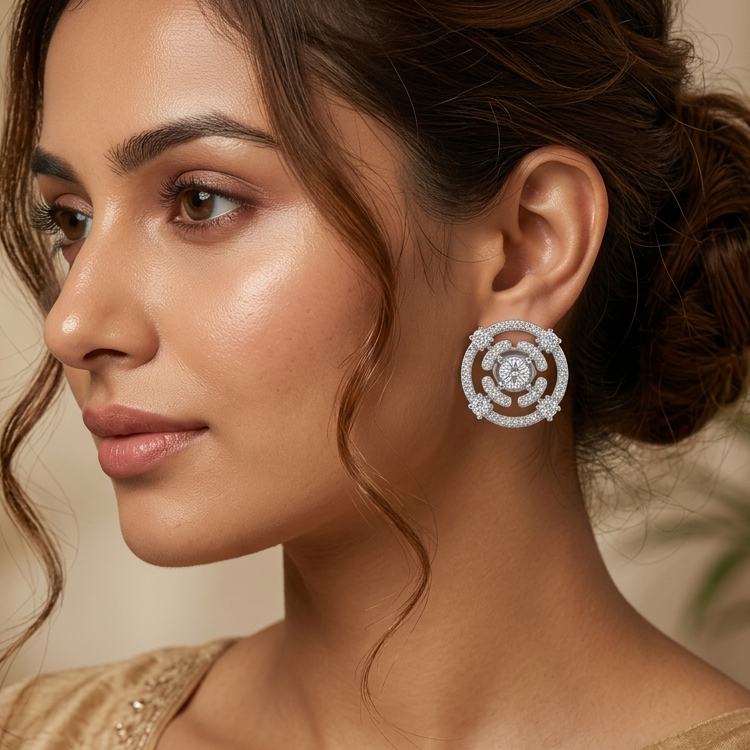 Silver-Tone Circular Stone Stud Earrings