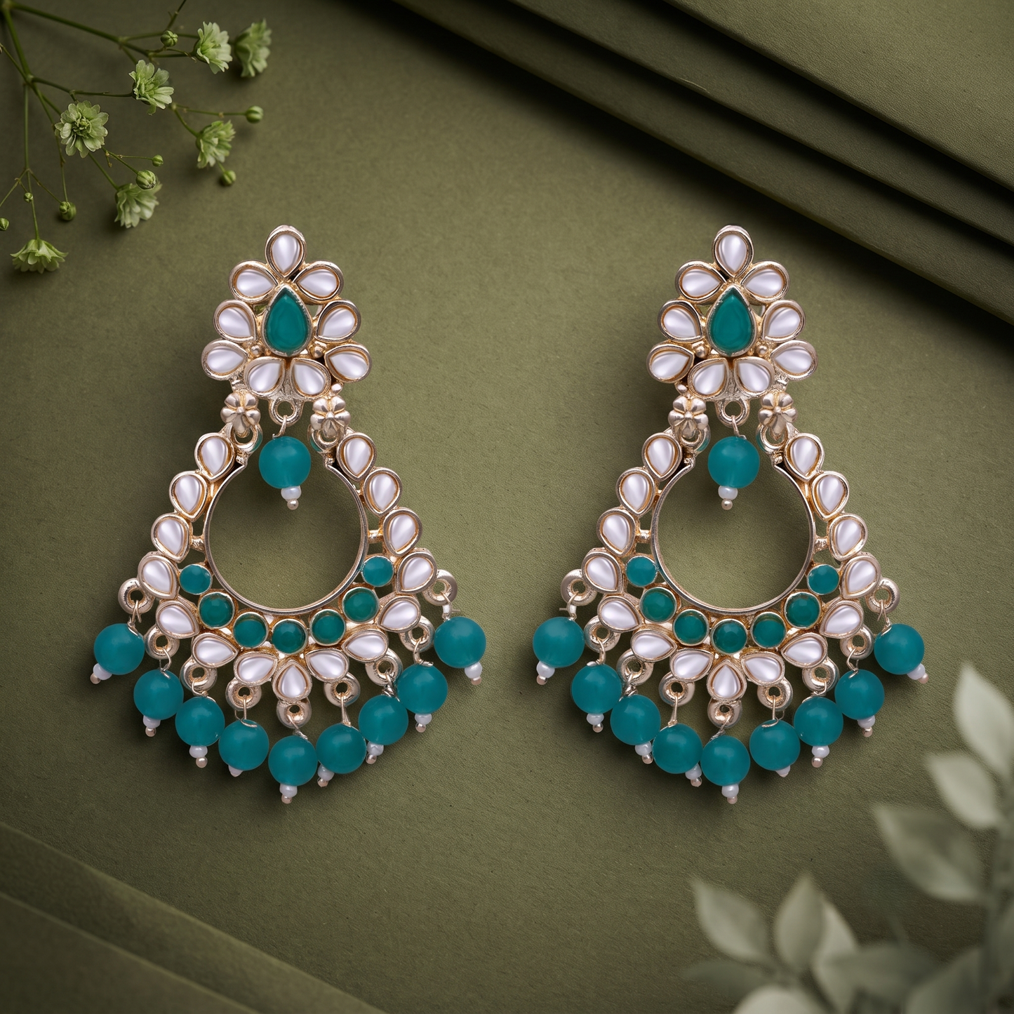 Teal White Stone Chandbali Earrings