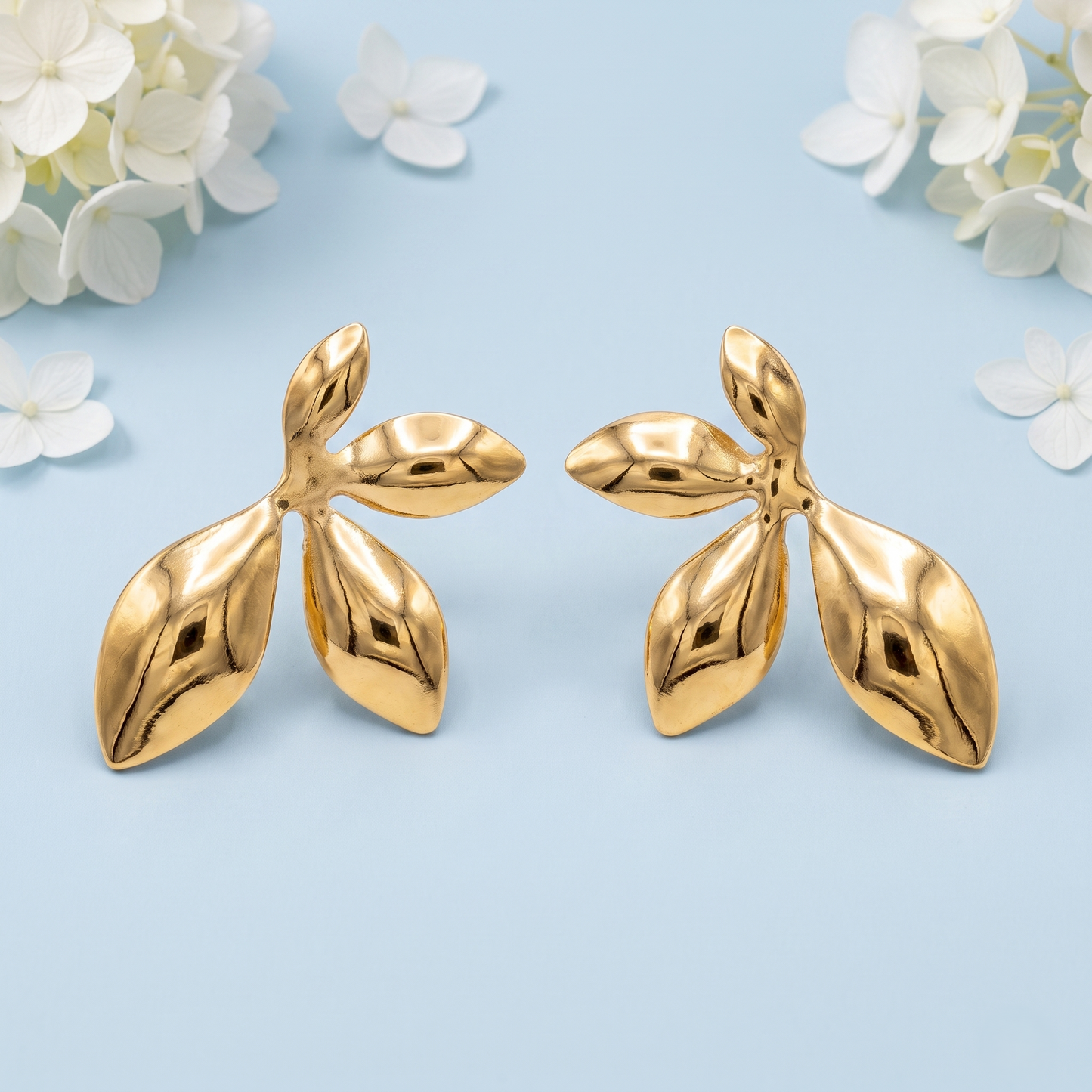 Gold Toned Brass Leaf Stud Earrings