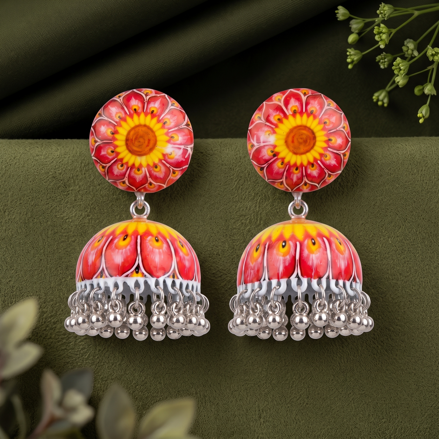 Silver Toned Brass Sunflower Print Jhumka Earrings