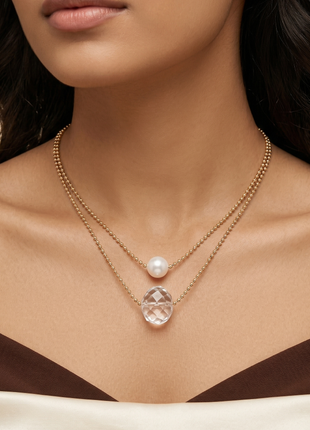 Elegant 14K Rose Gold Plated Double Layered Necklace with Freshwater Pearl Set Of 2