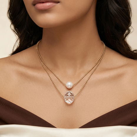 Elegant 14K Rose Gold Plated Double Layered Necklace with Freshwater Pearl Set Of 2