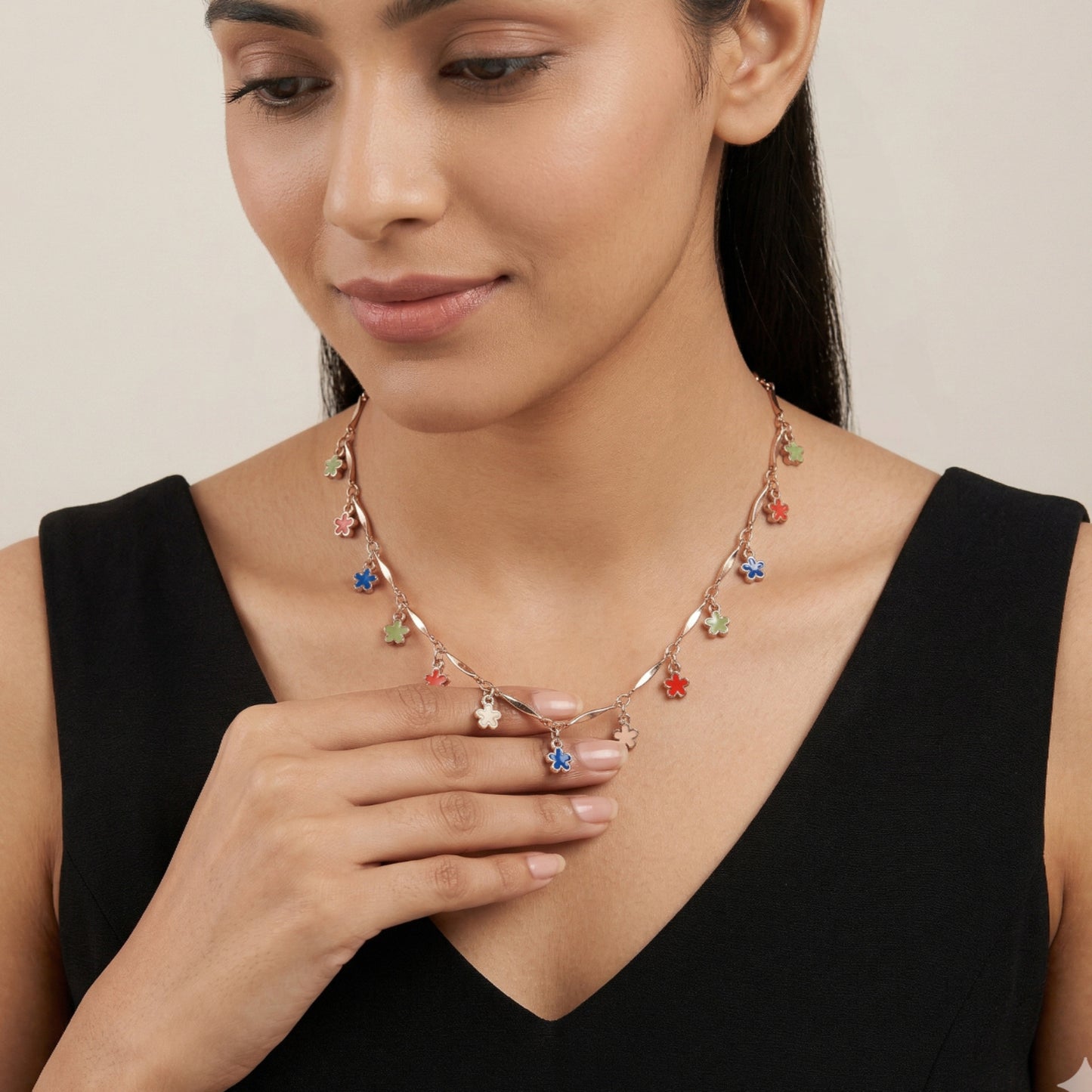 Multicolor Floral Enamel Charm Necklace
