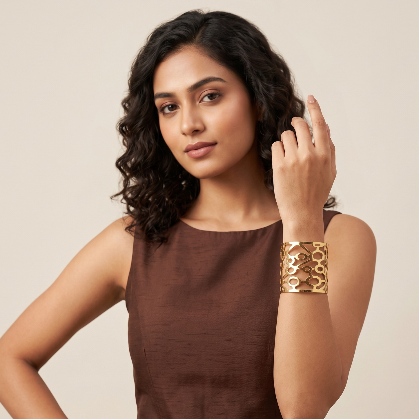 Gold Toned Brass Web Cutout Cuff Bangle