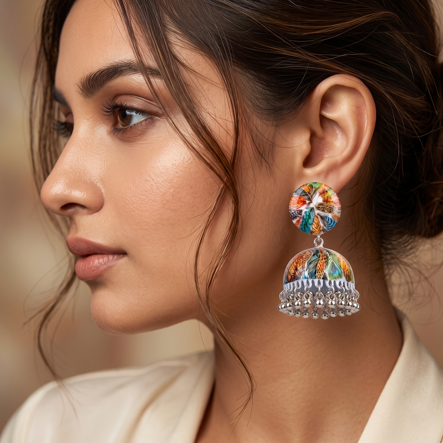 Silver Toned Brass Abstract Print Jhumka Earrings