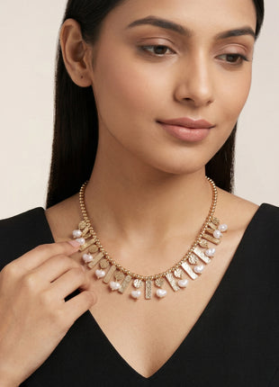 Gold-Plated Brass Handcrafted Pearl And Stone-Studded Fringe Necklace